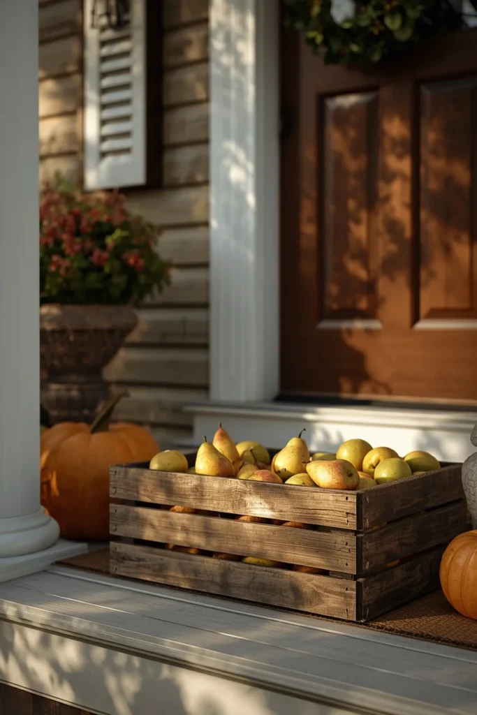 23 Fall Front Porch Decor Ideas Neighbors Will Envy 23 front porch, featuring a rustic wooden crate filled with muted-toned apples and pears