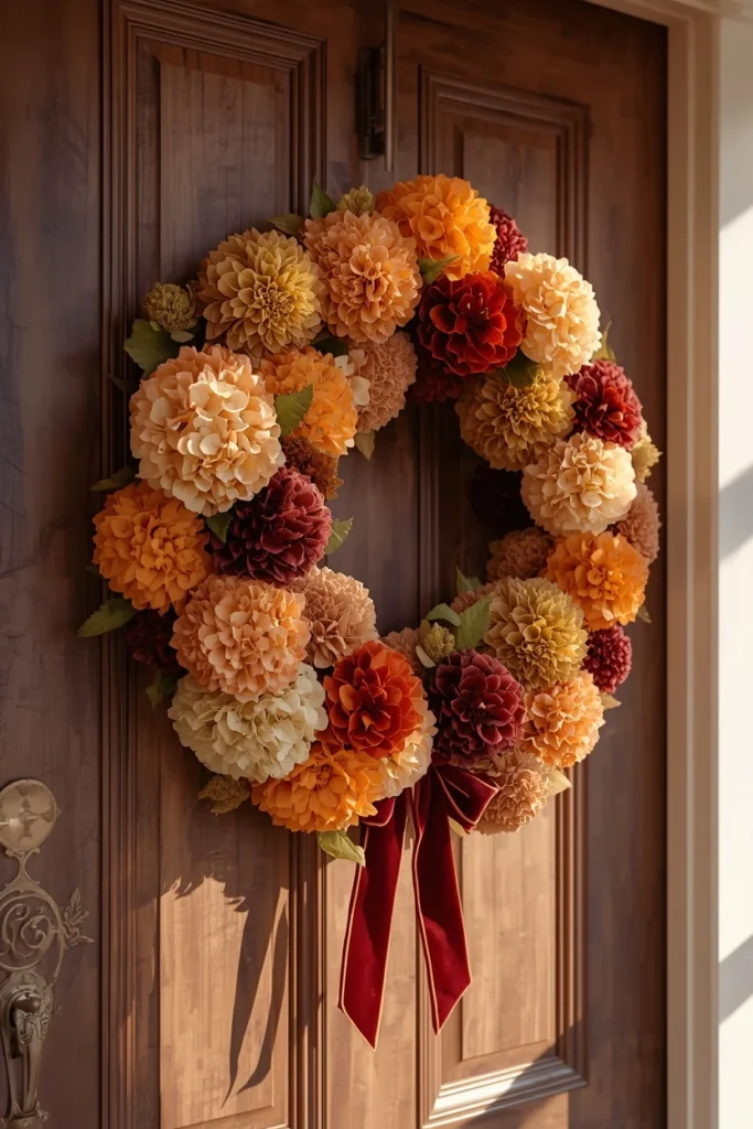 24 Fall Wreath Ideas to Welcome the Season in Style 23 front door, featuring a full fluffy wreath made of autumn-toned hydrangea clusters blending orange