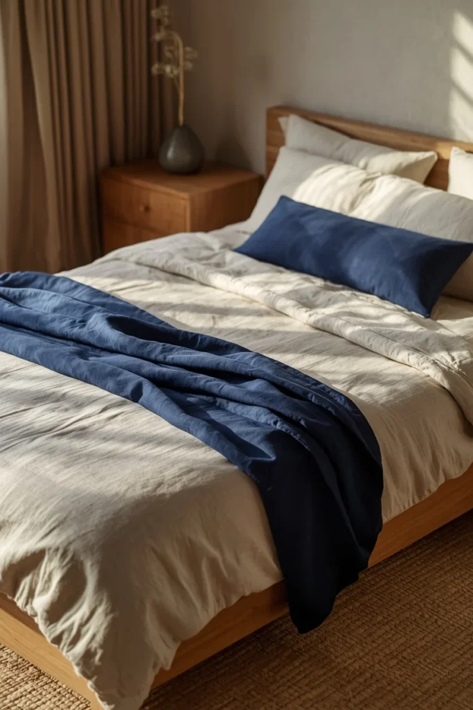 Japandi bedroom, featuring a low platform bed with warm cream linen bedding