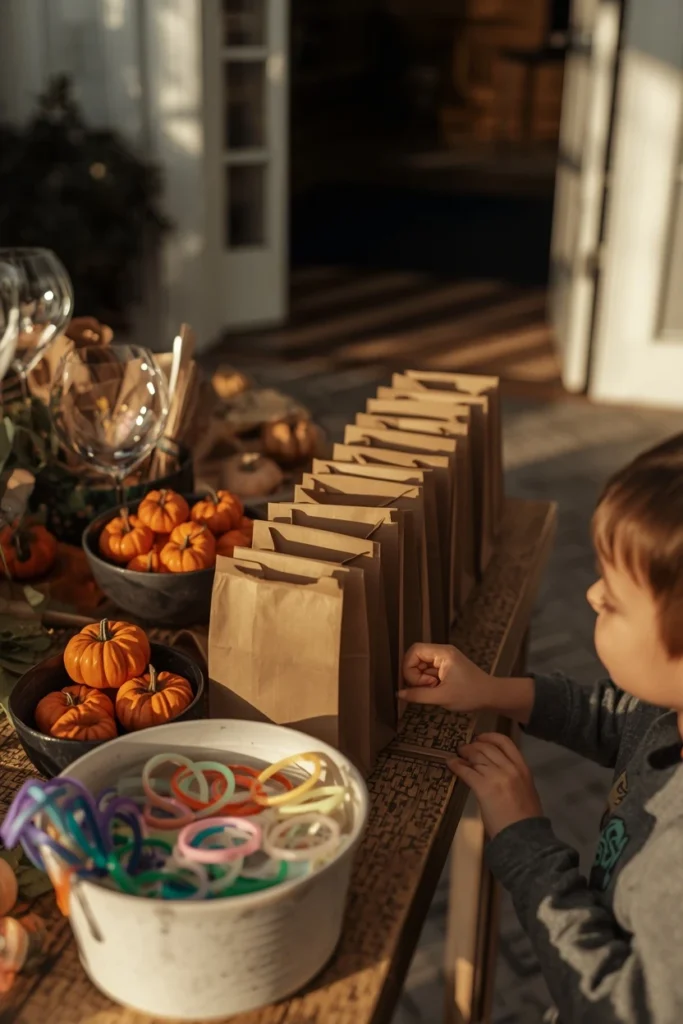 party favor station, featuring small kraft paper bags lined up on a table next to bowls of mini pumpkins,