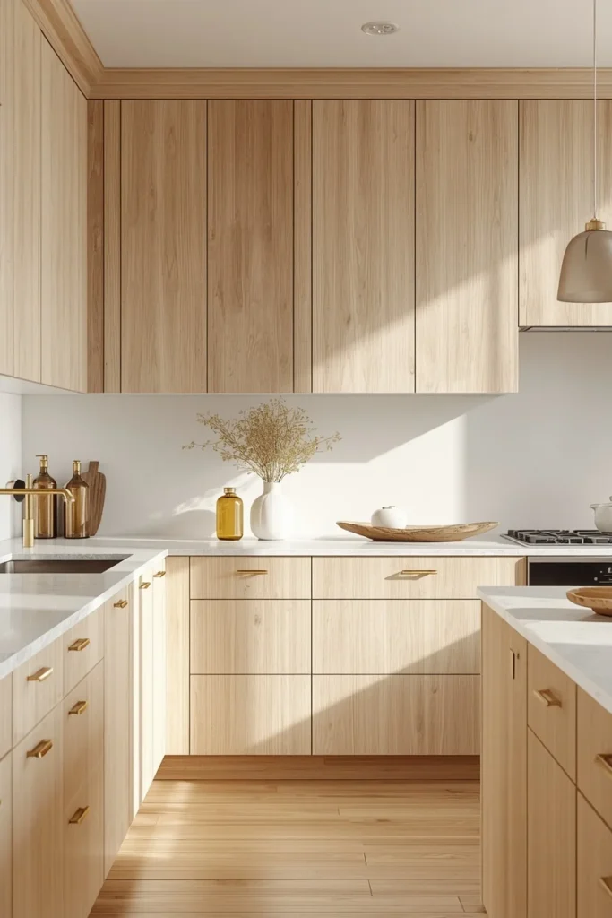  kitchen, featuring white oak stained cabinets with subtle grain, brass hardware, a light quartz countertop