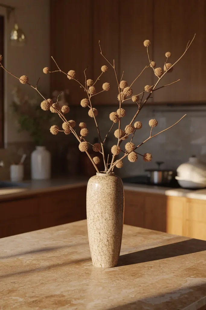  kitchen island, featuring a tall ceramic vase with seasonal branches as the centerpiece