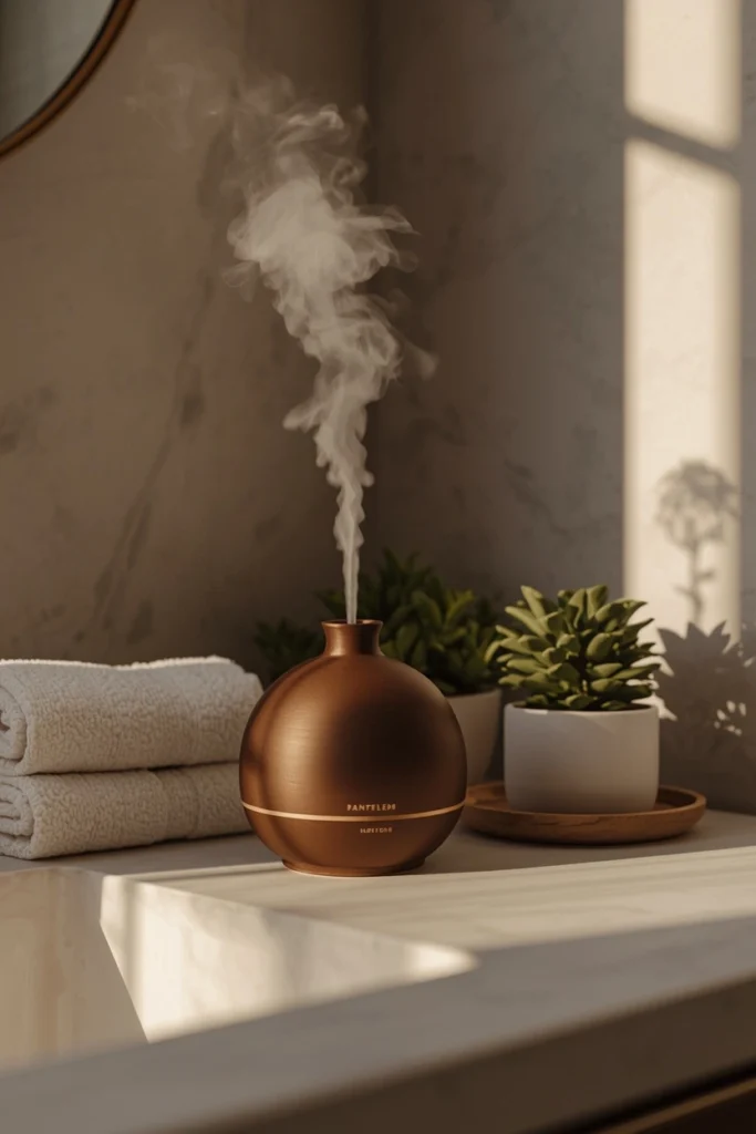 25 Modern Bathroom Designs That Look Like a 5-Star Spa Retreat 23 bathroom counter vignette, featuring a matte ceramic essential oil diffuser