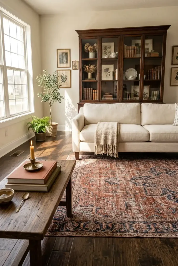  living room, featuring dark stained hardwood floors, a faded vintage-style rug 