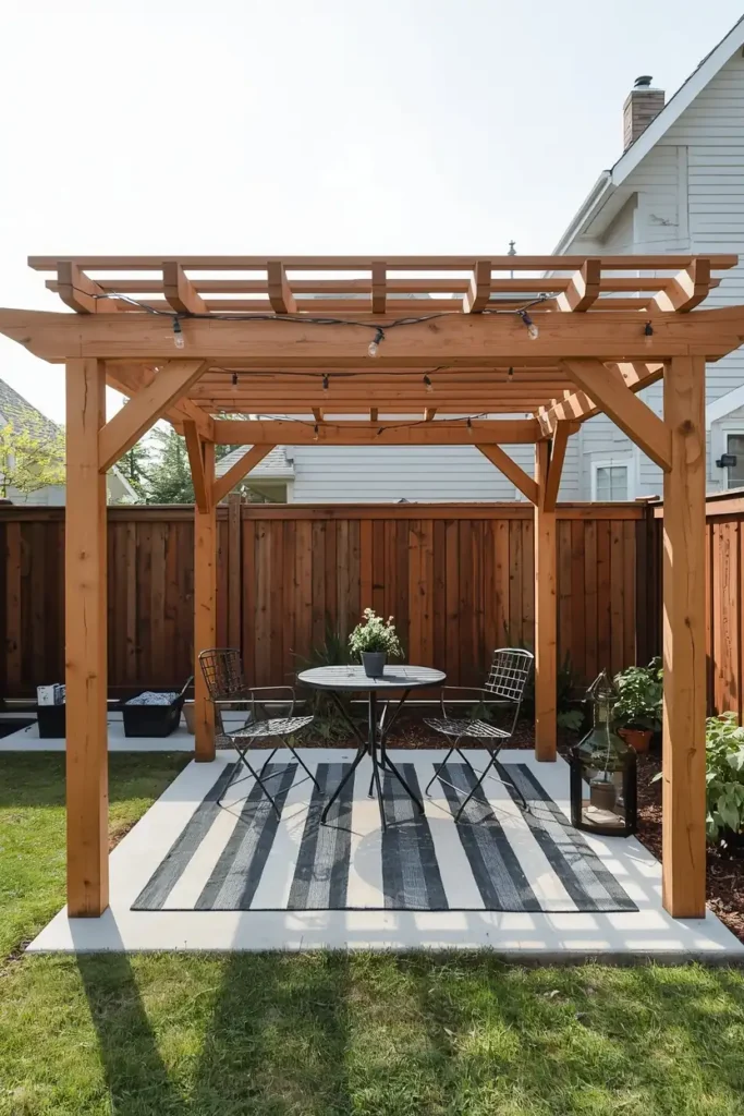  backyard DIY patio, featuring a simple pre-cut cedar pergola kit 