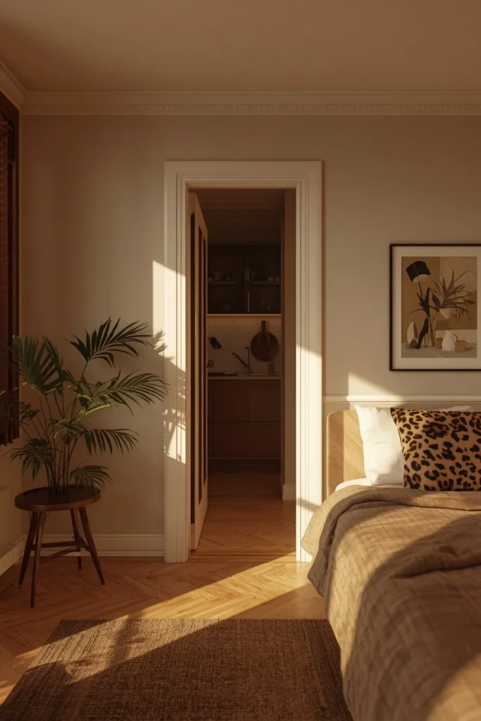  small studio apartment, featuring a leopard print motif appearing subtly