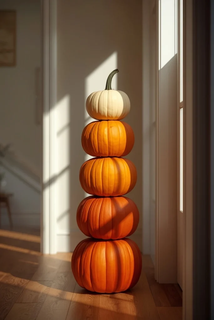 25 Whimsical Halloween Decor Ideas That Feel Spooky and Cute 23 entry table, featuring a stack of five pumpkins graduating in color from deep orange