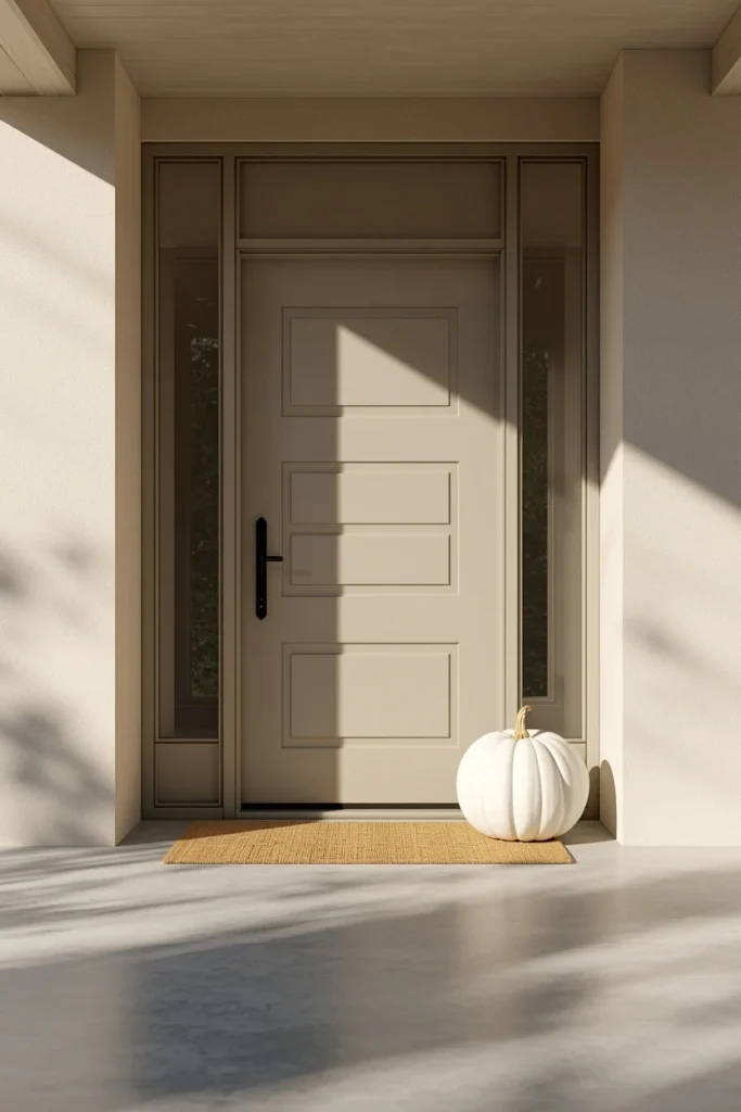 23 Fall Front Porch Decor Ideas Neighbors Will Envy 24 modern front porch, featuring a single oversized white pumpkin placed beside a minimalist front door
