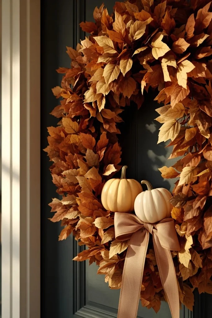 24 Fall Wreath Ideas to Welcome the Season in Style 24 front door close-up, featuring a budget-friendly fall wreath built from layered faux leaves