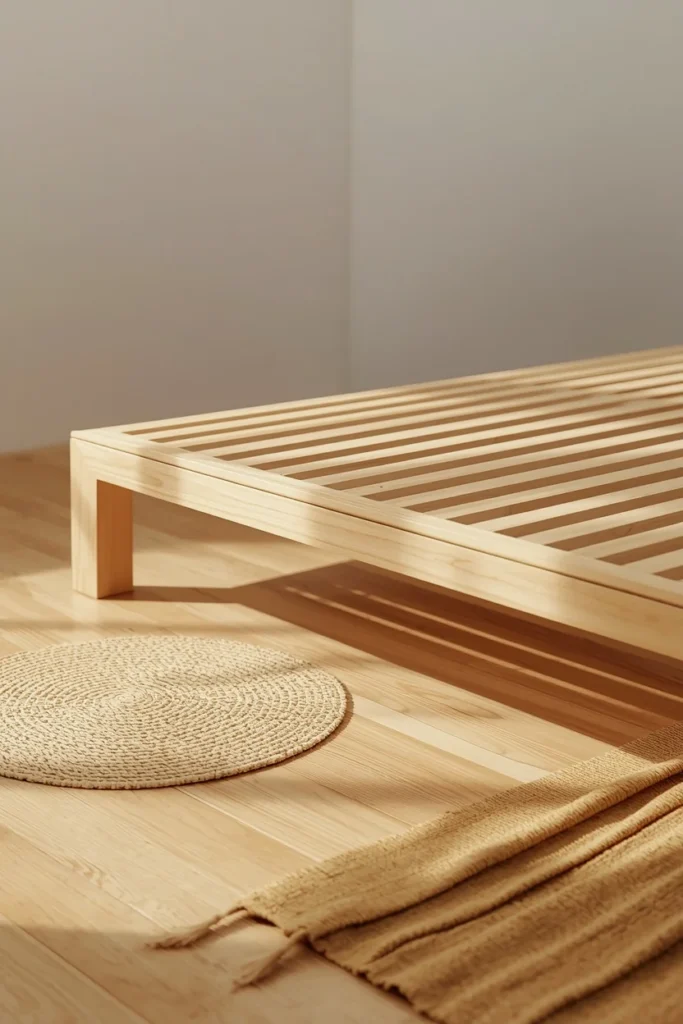 Japandi bedroom, featuring a minimalist slatted platform bed with visible open negative space 