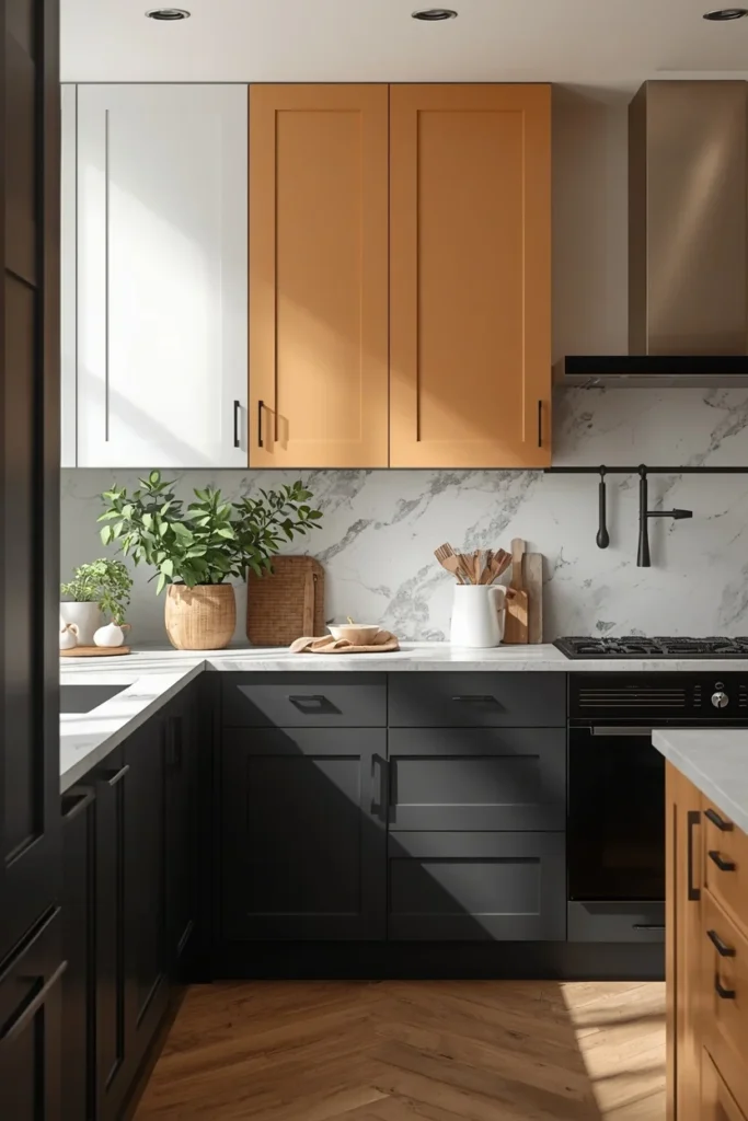  kitchen, featuring charcoal lower cabinets and warm white upper cabinets, matte black hardware,