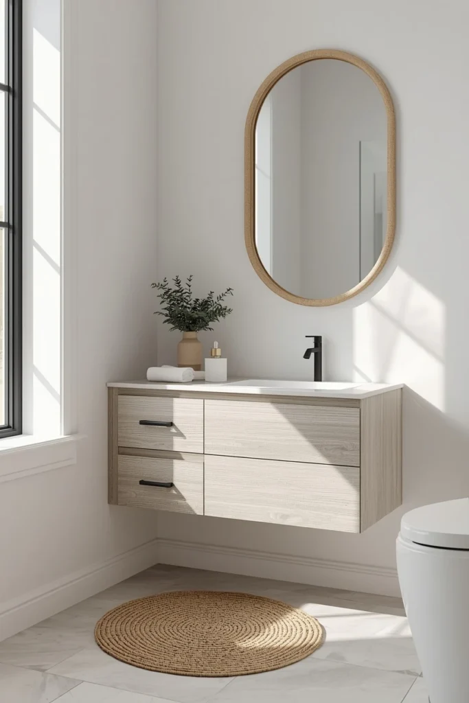25 Modern Bathroom Designs That Look Like a 5-Star Spa Retreat 24 bathroom vanity, featuring a white oak floating vanity, a rattan-framed mirror
