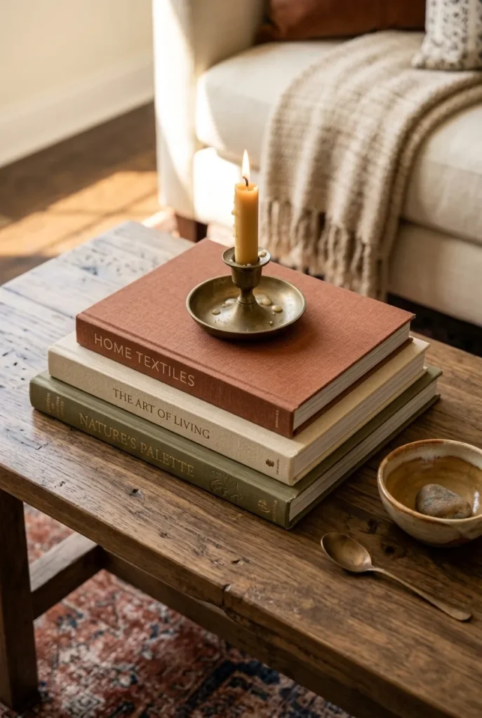  coffee table close-up, featuring a stack of three hardcover books