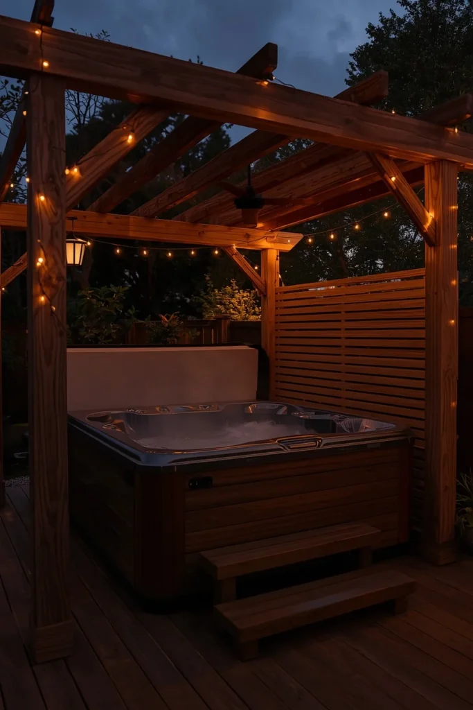 backyard hot tub area, featuring a wood pergola with a partial slat privacy wall
