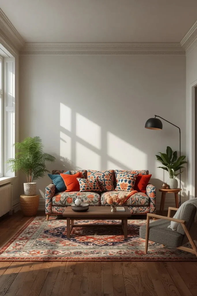  small apartment living room, featuring a boldly patterned and colorful room