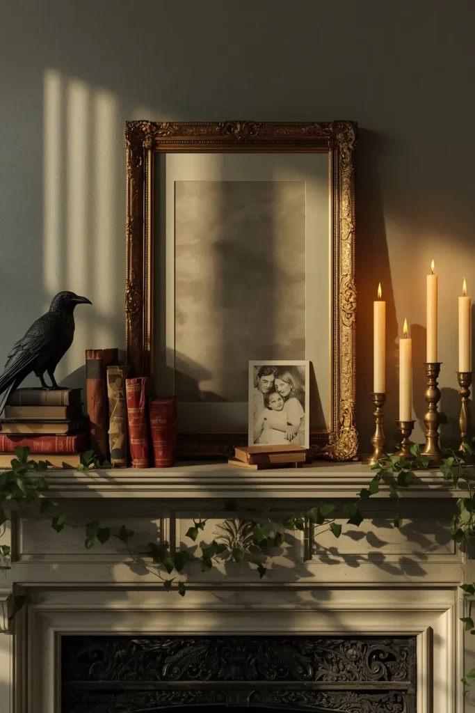 23 Vintage Halloween Decor Ideas That Look Straight Out of an Old Storybook 24 full fireplace mantel styling, featuring stacked antique books, a black raven figure,
