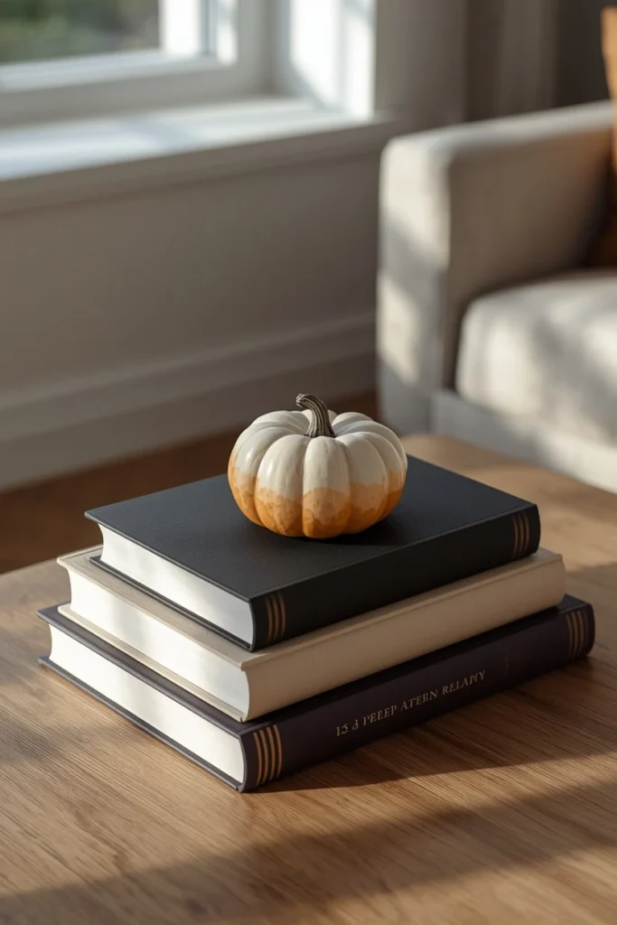 25 Whimsical Halloween Decor Ideas That Feel Spooky and Cute 24 coffee table, featuring a stack of hardcover books with black, cream,