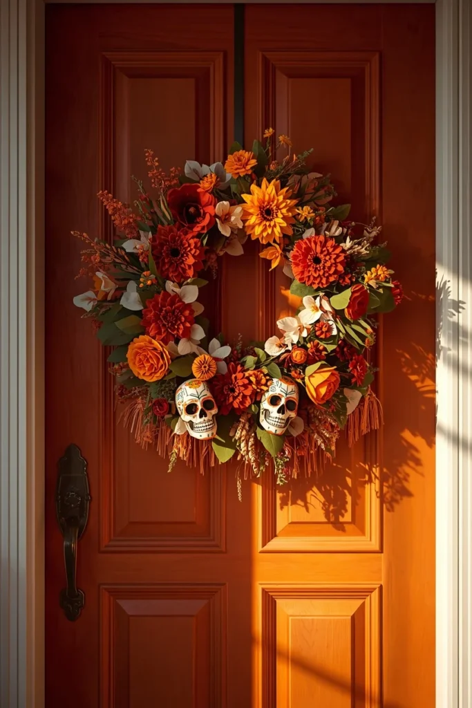 24 Fall Wreath Ideas to Welcome the Season in Style 25 front door, featuring a wreath combining warm marigold and rust-toned blooms with Day of the Dead sugar skull accents
