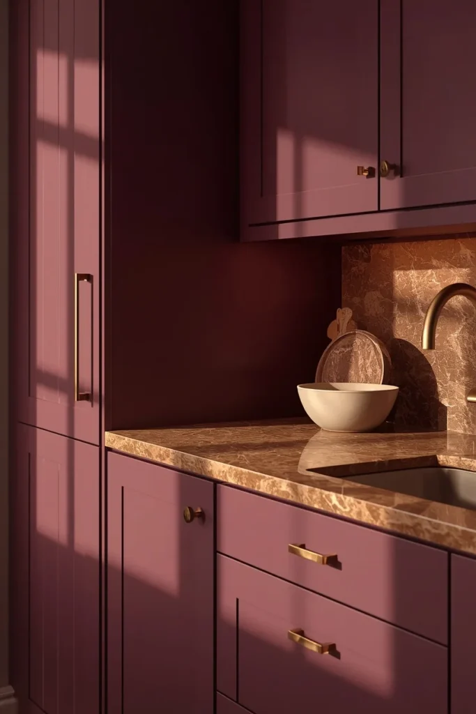 small kitchen, featuring aubergine eggplant-toned cabinetry, unlacquered brass hardware,