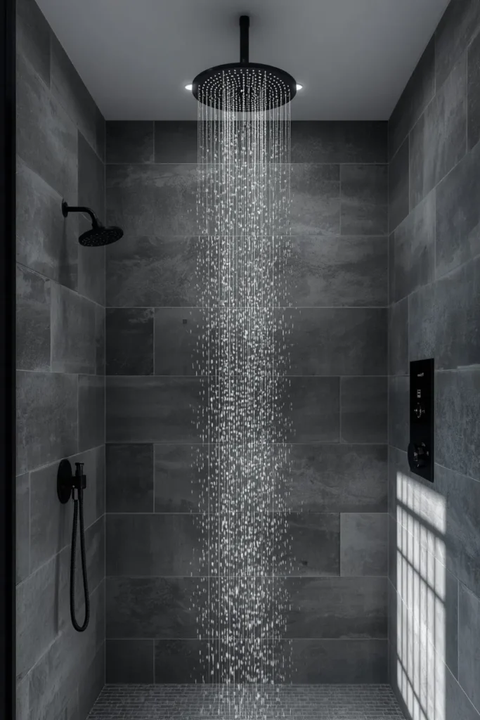 25 Modern Bathroom Designs That Look Like a 5-Star Spa Retreat 25 modern shower, featuring an overhead rainfall showerhead actively running,