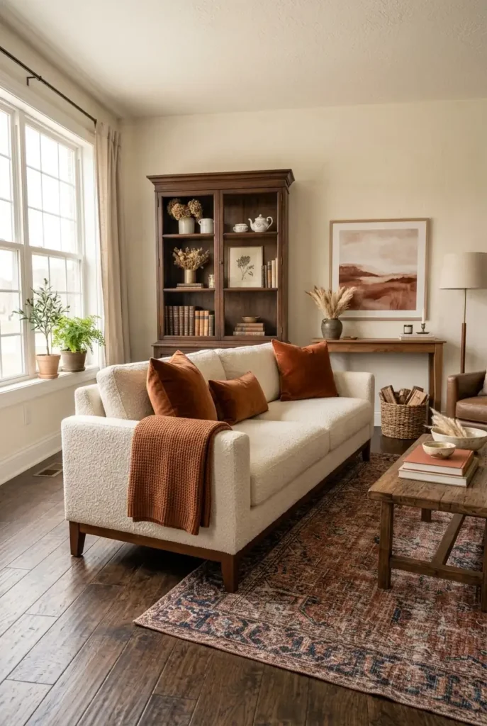  living room, featuring a cream boucle sofa with rust velvet throw pillows