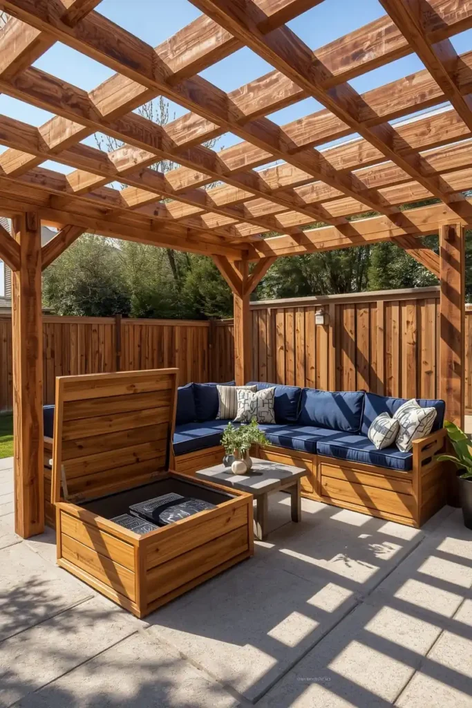  backyard patio, featuring a wood pergola with a built-in perimeter bench