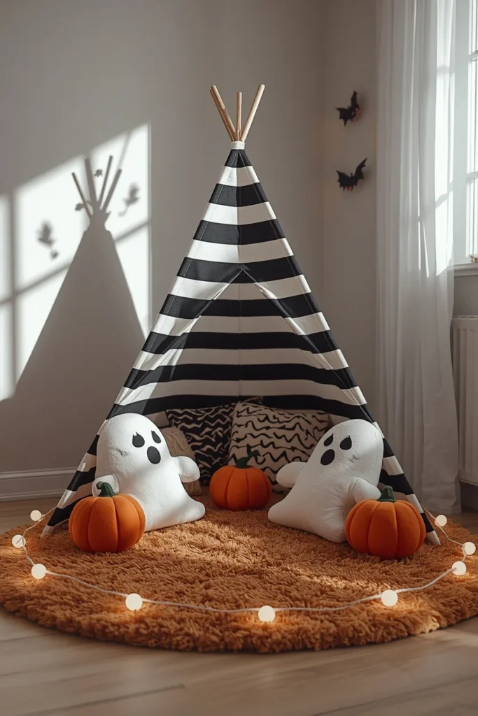 25 Whimsical Halloween Decor Ideas That Feel Spooky and Cute 25 children's playroom corner, featuring a black and white striped felt teepee tent