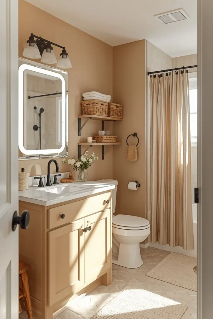 25 Modern Bathroom Designs That Look Like a 5-Star Spa Retreat 26 before-and-after style bathroom vignette, featuring warm repainted neutral walls