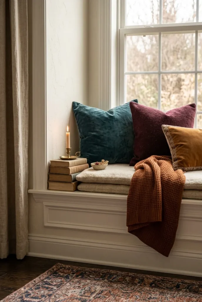  window seat nook, featuring layered wool cushions and jewel-toned throw pillows