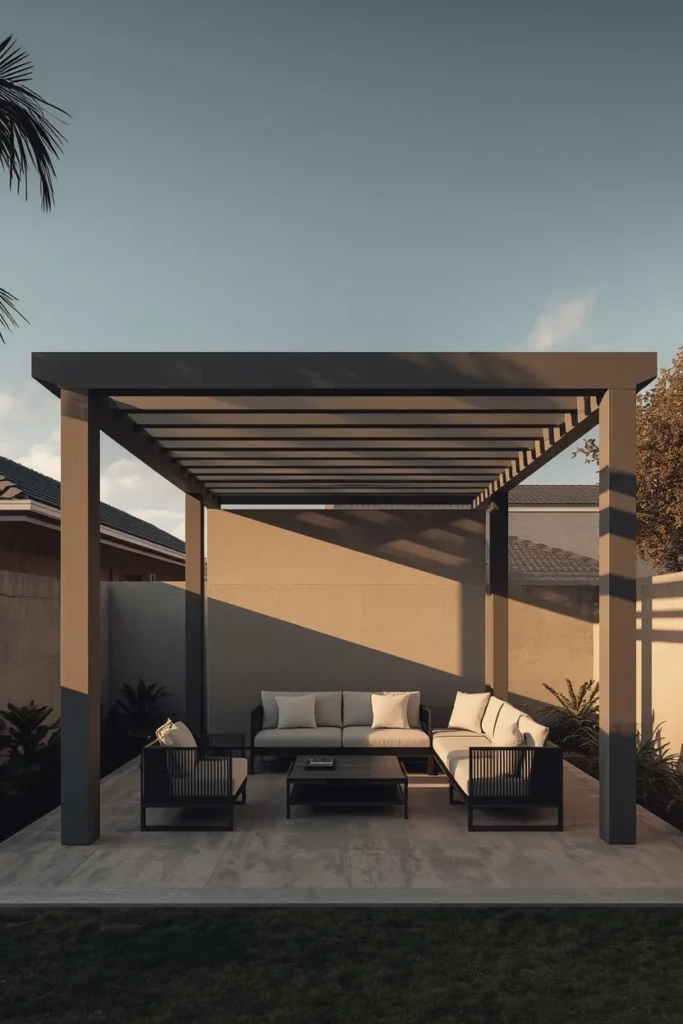  backyard patio, featuring a geometric pergola with angular diagonal roof supports 