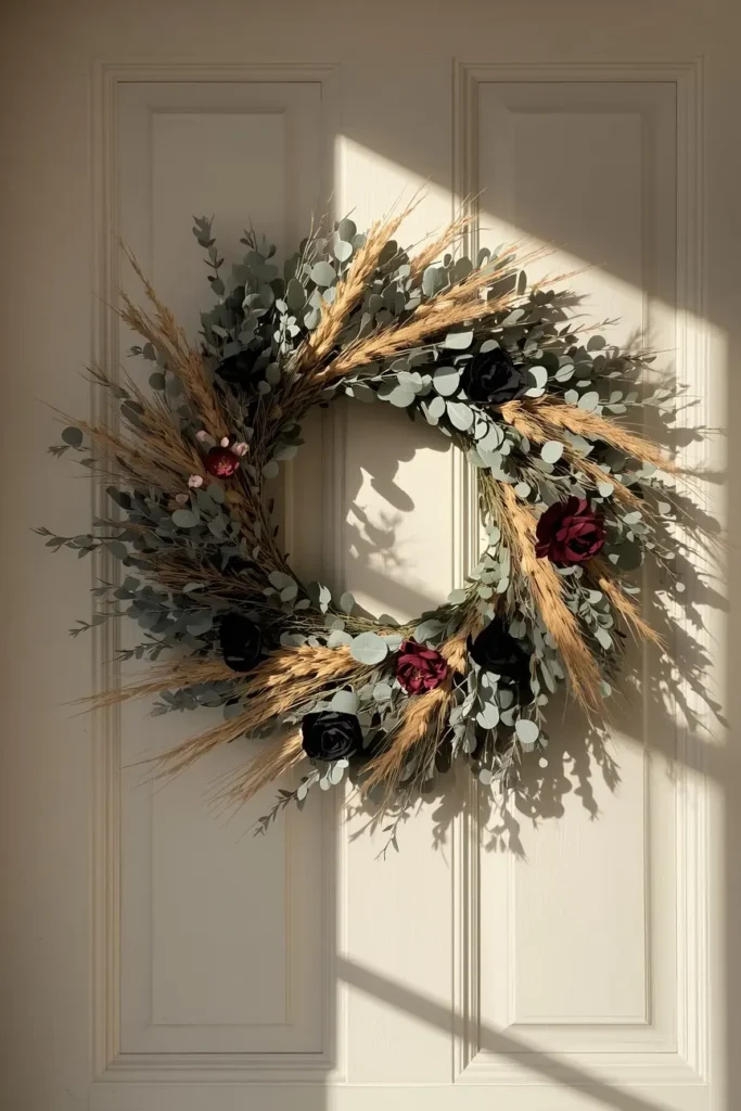 25 Whimsical Halloween Decor Ideas That Feel Spooky and Cute 26 front door, featuring a wreath made of faux eucalyptus and dried grasses