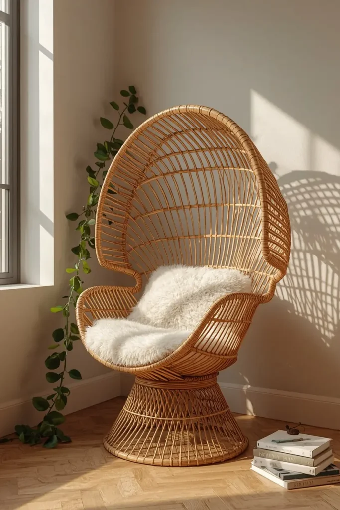 17 Afrobohemian Living Room Ideas That Feel Like a Global Getaway 4 living room corner, featuring a large rattan peacock chair angled at forty-five degrees