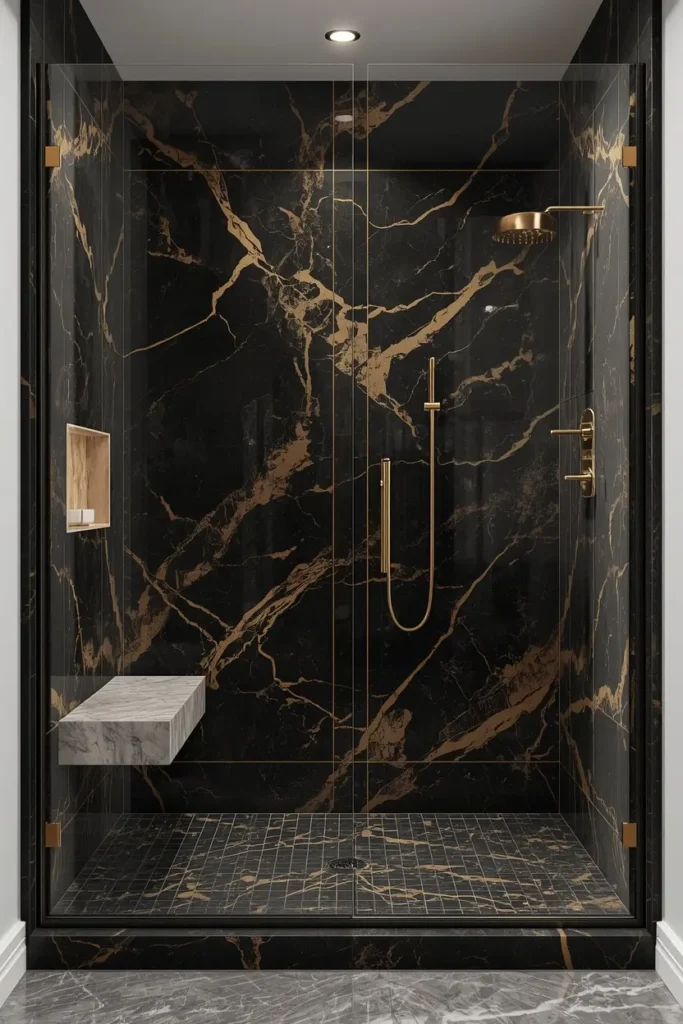 19 Black Bathroom Ideas That Are Dramatic, Chic & Completely Stunning 4 primary bathroom shower, featuring floor-to-ceiling book-matched black marble slab