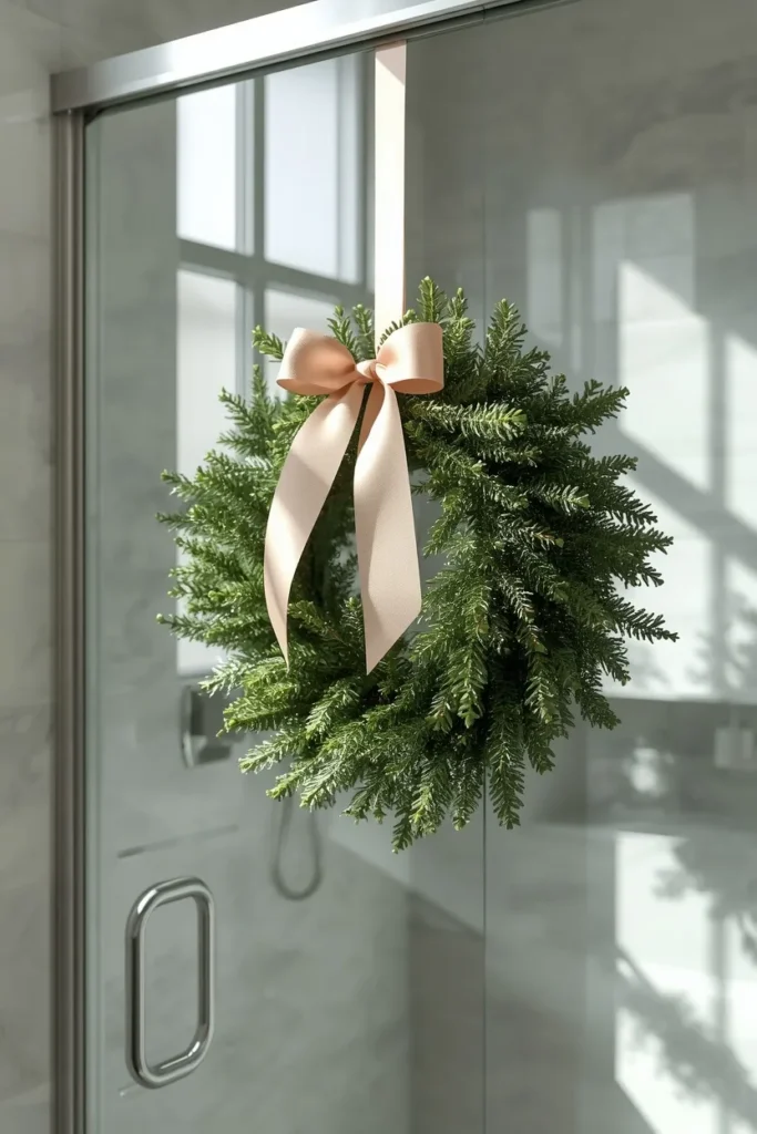 Christmas bathroom, featuring a lush evergreen wreath with a blush ribbon hung
