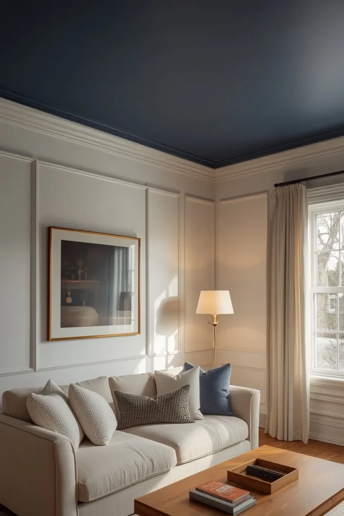  living room shot, featuring a deep navy painted ceiling above white walls