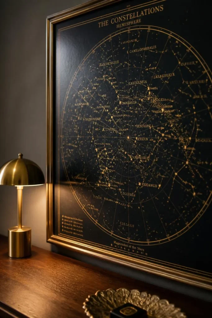22 Cosmic Interior Design Ideas for a Starry, Galaxy-Inspired Home 4 wall art detail shot, featuring a framed vintage-style constellation map with gold line work
