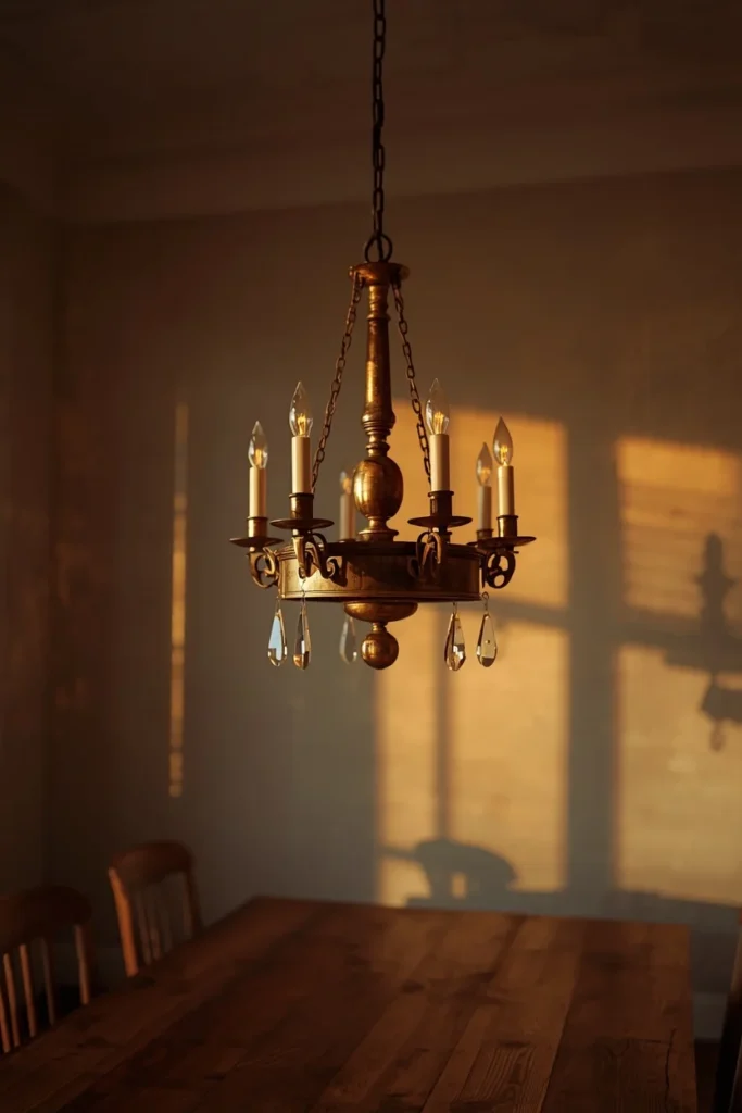 dining room, featuring an aged brass chandelier with candle-style bulbs hanging low