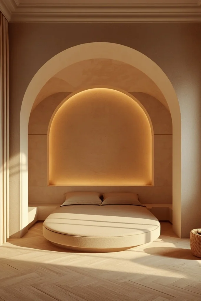 15 Curved Accent Wall Ideas to Soften a Boxy Room 4 bedroom, featuring a rounded plaster alcove nook in warm bone tone curving