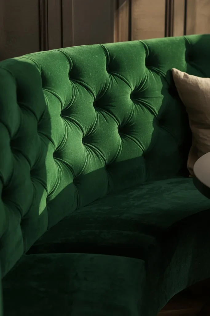  banquette detail shot, featuring a curved bench upholstered in deep emerald tufted velvet