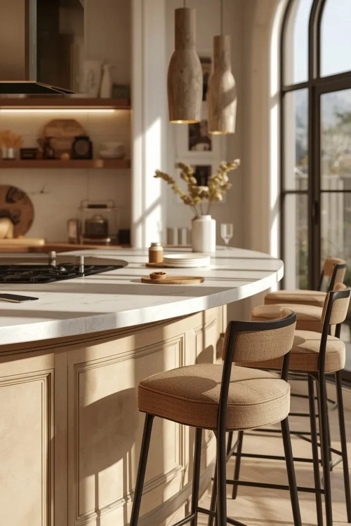 17 Curved Kitchen Peninsula Ideas for Better Small-Space Flow 4 kitchen peninsula close-up, featuring a two-tier curved counter with a lower prep surface