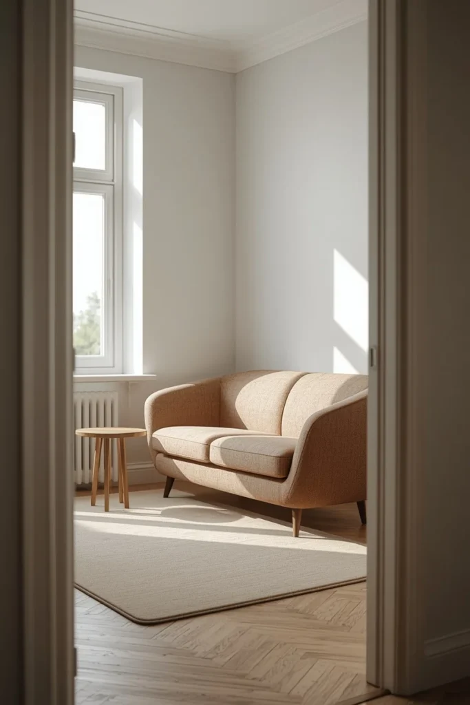  small apartment living room shot, featuring a petite kidney-shaped sofa in warm taupe fabric