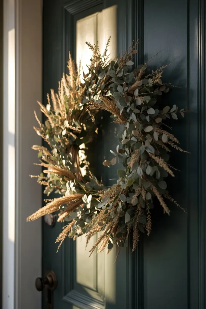  front door, featuring a neutral foliage wreath made of eucalyptus 