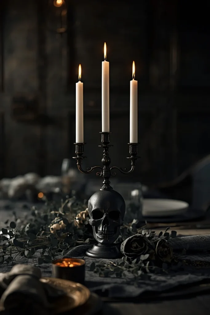 18 Elegant Halloween Dining Table Ideas for a Chic Fright Night 4 dining table centerpiece, featuring a black skull-shaped candelabra holding lit ivory taper candles