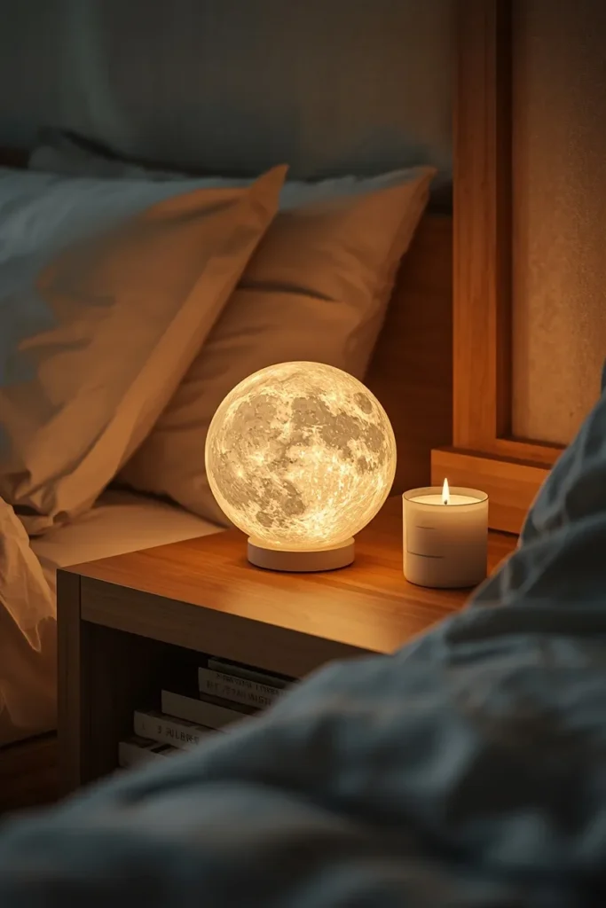 bedroom nightstand, featuring a textured spherical moon lamp glowing softly 