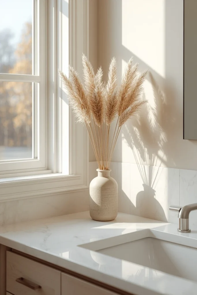 15 Fall Bathroom Decor Ideas for a Cozy Season Refresh 4 bathroom counter, featuring a small dried pampas grass arrangement