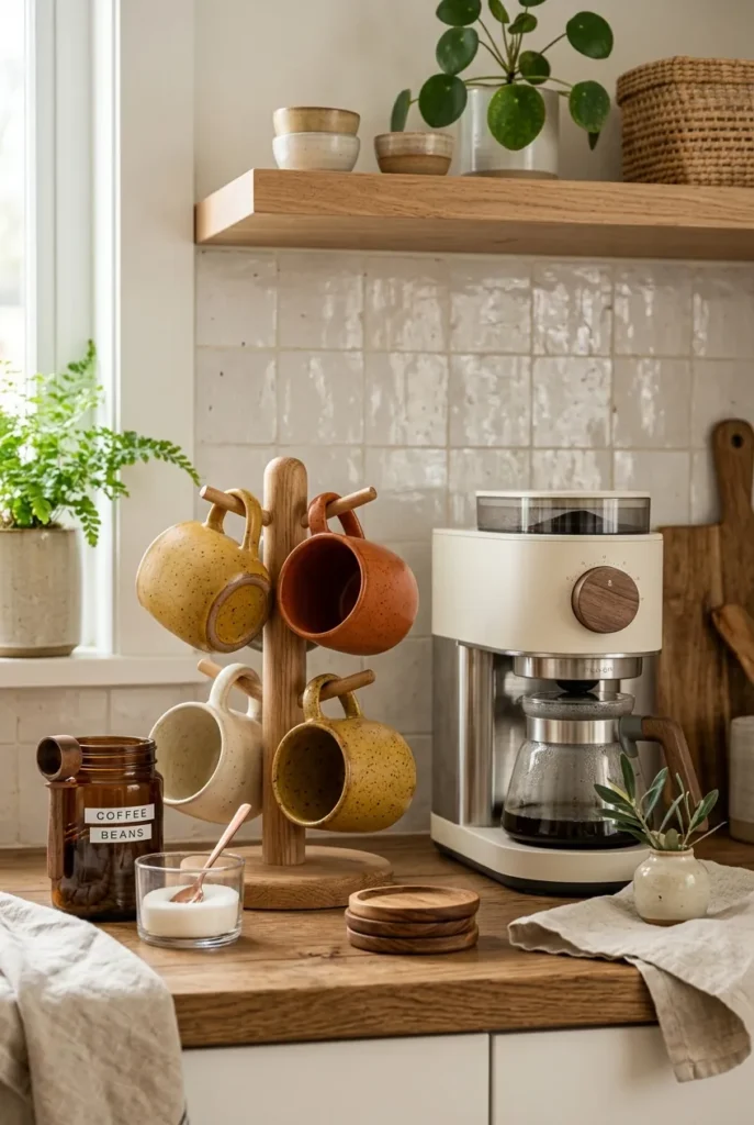 kitchen coffee station, featuring a small wood mug tree 