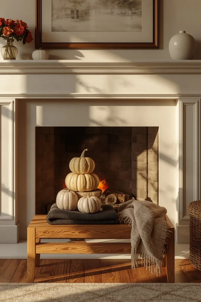 16 Fall Decor Ideas for the Space in Front of Your Fireplace 4 living room fireplace, featuring a small wooden bench placed directly in front of the hearth