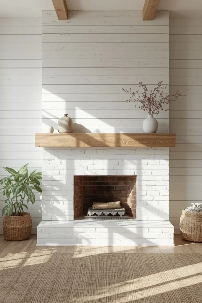 farmhouse living room, featuring a whitewashed shiplap fireplace wall with a natural wood mantel shelf 