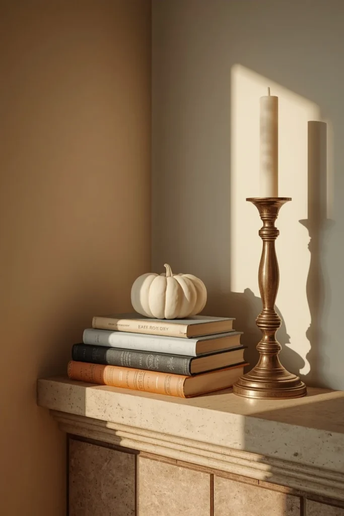  fireplace mantel corner, featuring a stack of five hardcover books topped with a small white pumpkin