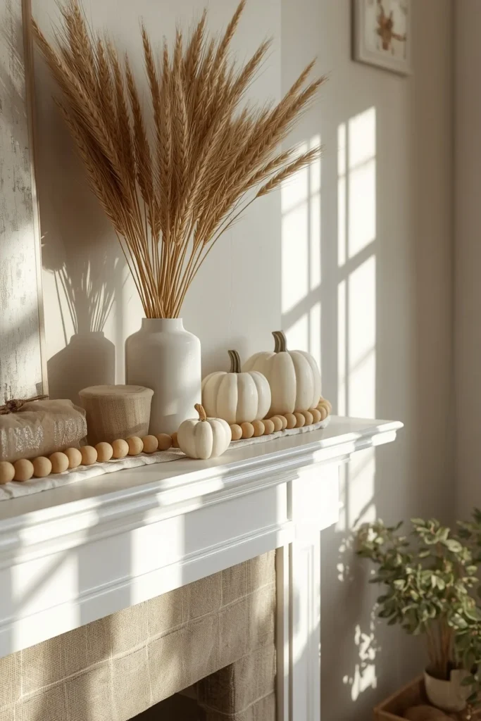  farmhouse living room mantel, featuring a wheat bundle, wood bead garland, small white pumpkins